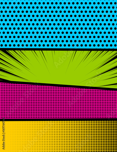 Vector halftone illustration. Blank rectangle for comic superhero text, speech bubble, message. Humor graphic. Pop art comics book magazine cover template. Cartoon funny vintage strip mock up