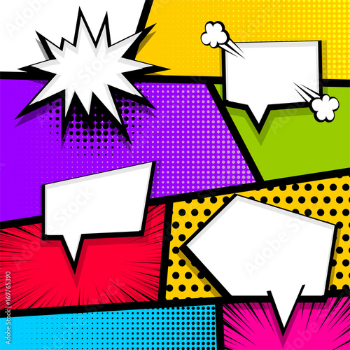 Cartoon funny vintage strip comic superhero text, speech bubble, balloon, box message, burst bomb. Vector halftone illustration. Blank humor graphic. Pop art comics book magazine cover template.