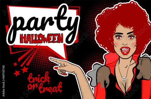 Pop art Halloween evil vampire sexy woman character cartoon comic book text. Wow face poster party. Vector skull vintage retro halftone dot illustration invitation. Trick or treat speech bubble.