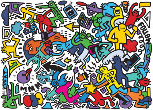 Vector line art Doodle cartoon set of people , objects and symbols on the Social Media theme