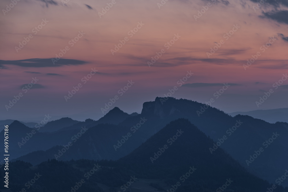 National park Pieniny with color sunset