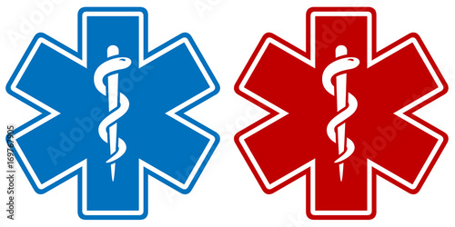 Vector illustration of a medical star symbol in two color variations: blue and red. photo