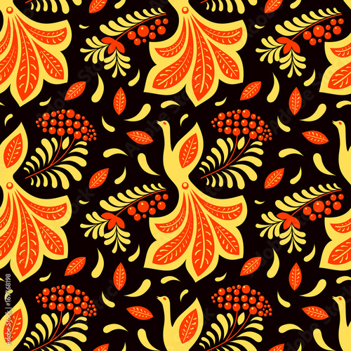 Khokhloma seamless patterrn with firebird and floral ornament. Russian style with golden  bird, flower and berries on black background.