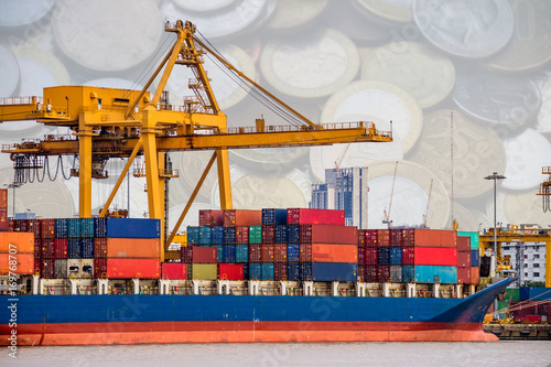 Logistics and transportation. Shipping port and container cargo ship loading by crane. Dollar cash background. Double Exposure