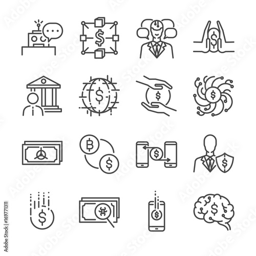 Fintech line icon set. Included the icons as blockchain, robo-advisors, cashless society, crowdfunding, application, investing and more.
