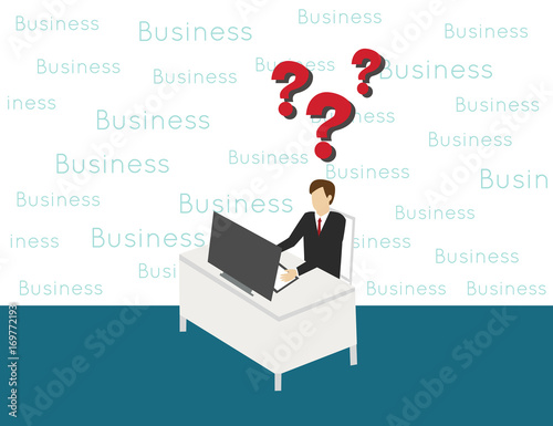Business man in the desk with question mask