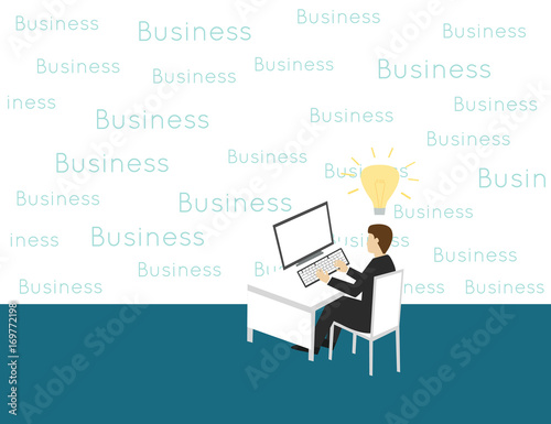 Business man sitting in the desk with light bulb
