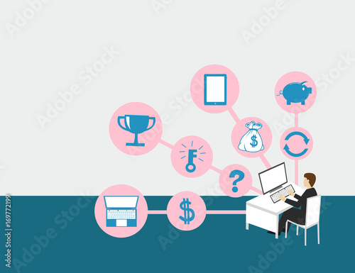 Business man sitting in the desk with internet connecting