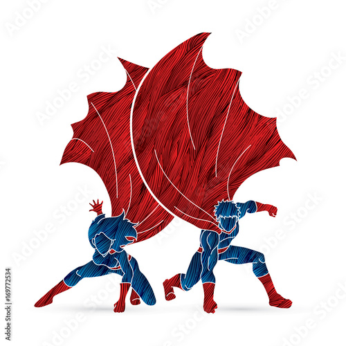 Strong Man and Woman, Couple Superhero landing powerful action designed using grunge brush graphic vector.