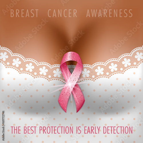 Breast cancer awareness month. Silk pink ribbon on the female bust. Vector Illustration