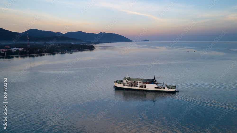 Obraz premium Sunset aerial view of Koh Phangan international port 