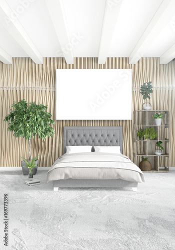 Fototapeta Naklejka Na Ścianę i Meble -  Vertical modern interior bedroom or living room with eclectic wall and empty frame for copyspace drawing. 3D rendering