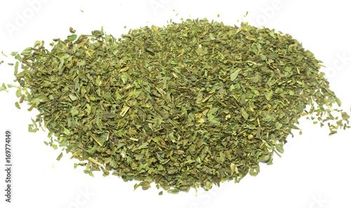 Dried shredded green leaves tea, mint, tobacco