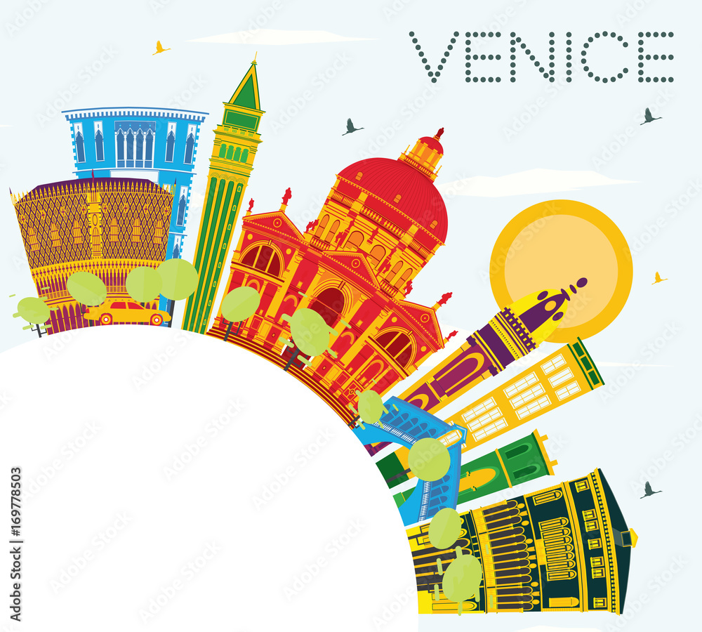 Naklejka premium Venice Skyline with Color Buildings, Blue Sky and Copy Space.
