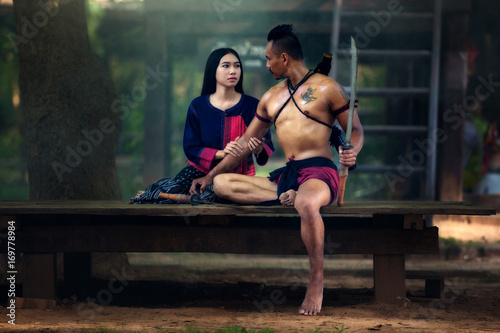 Thailand couple warrior ancient in Ayutthaya. Thai culture traditional .