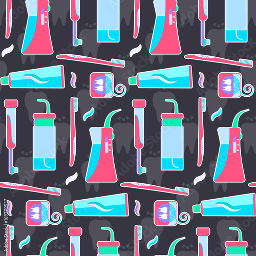 Colorful flat blue and pink tooth hygiene tools pattern. Nice bright dental morning and evening cleaning teeth texture for wrapping paper, textile, cover, background, wallpaper