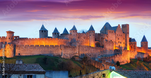 фотографія Castle at Carcassonne in twilight.  France