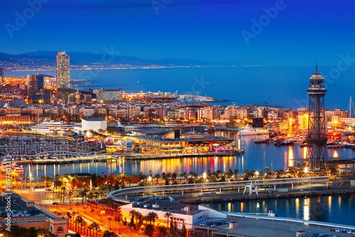 Port and cityspace of Barcelona in evening. Spain