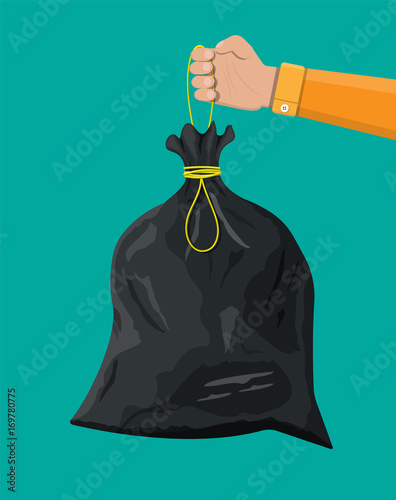 Plastic garbage bag with rope in hand