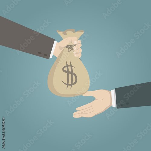 Illustration of hand giving money bag to recipient