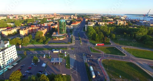 KLAIPEDA, LITHUANIA - AUGUST 28, 2017: AERIAL. Smooth drone flight through Klaipeda City at low altitude