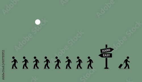 The Road Less Traveled. Vector artwork depicts an unique individual person acting independently and taking risks. He is brave, positive, bold, courageous, and prepared to take challenges. 