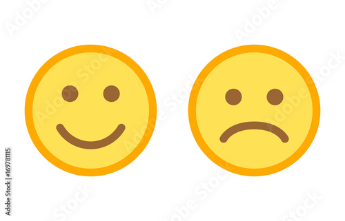 Happy and sad emoji smiley faces flat vector color icon for apps and websites