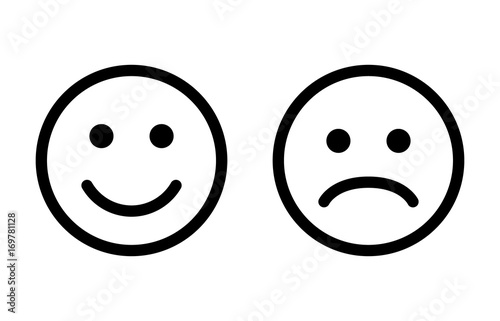 Happy and sad emoji smiley faces line art vector icon for apps and websites
