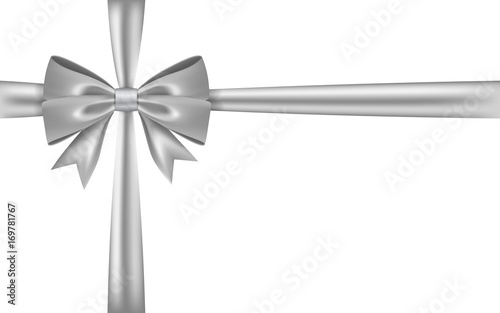 Silver gift bow ribbon. Bow tie isolated on white background. 3D shiny gift bow tie for Christmas present, holiday decoration, birthday, anniversary. Silk ribbon for invitation. Vector illustration