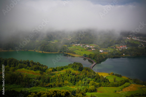 Aerial view to Azul and Verde lakes at Sete Cidades in Sao Miguel, Azores, Portugal