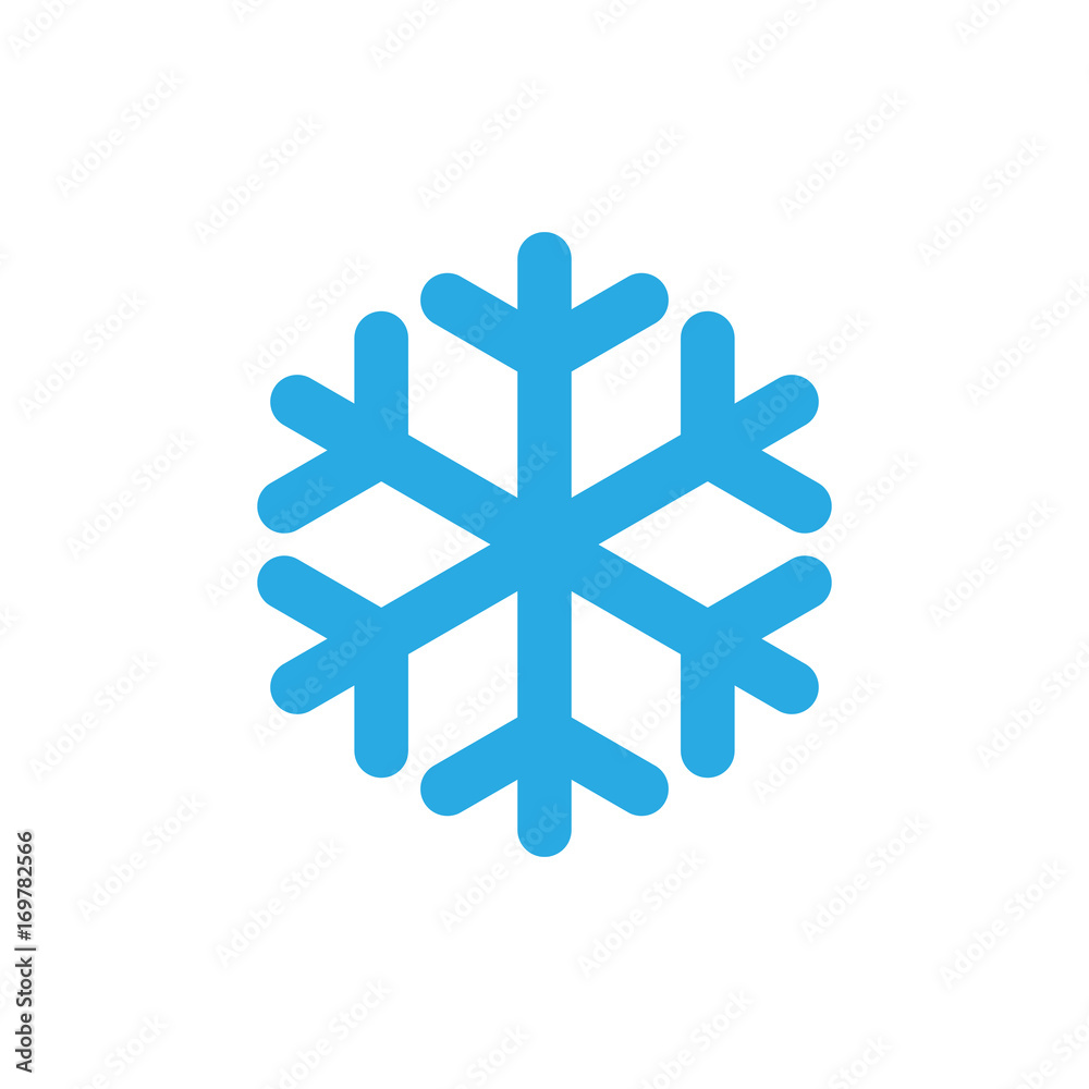 Obraz premium Snowflake icon. Blue silhouette snow flake sign, isolated on white background. Flat design. Symbol of winter, frozen, Christmas, New Year holiday. Graphic element decoration. Vector illustration