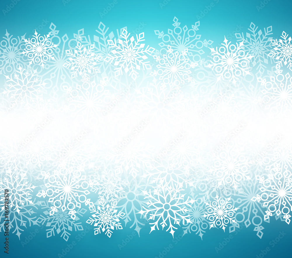 Winter snow vector background with white snow flakes elements in blue background and empty white blank space for message. Vector illustration.
