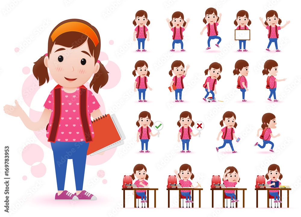 Ready to Use Little Girl Student Character with Different Facial Expressions, Hair Colors, Body Parts and Accessories. Vector Illustration.
