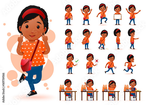 Ready to Use Little Black African Girl Student Character with Different Facial Expressions, Hair Colors, Body Parts and Accessories. Vector Illustration.
