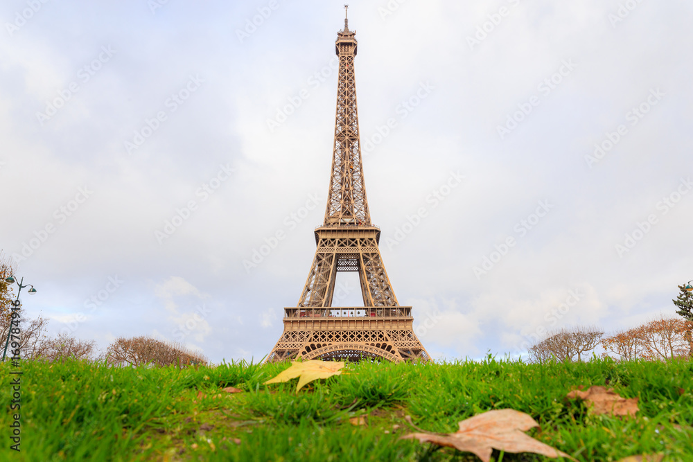 Fototapeta premium PARIS, FRANCE - DECEMBER 11, 2014: Aerial view of Eiffel Tower with maple leaves amoung Avenue Anatole France & Avenue Pierre Loti most visited monument in France and the most famous symbol of Paris