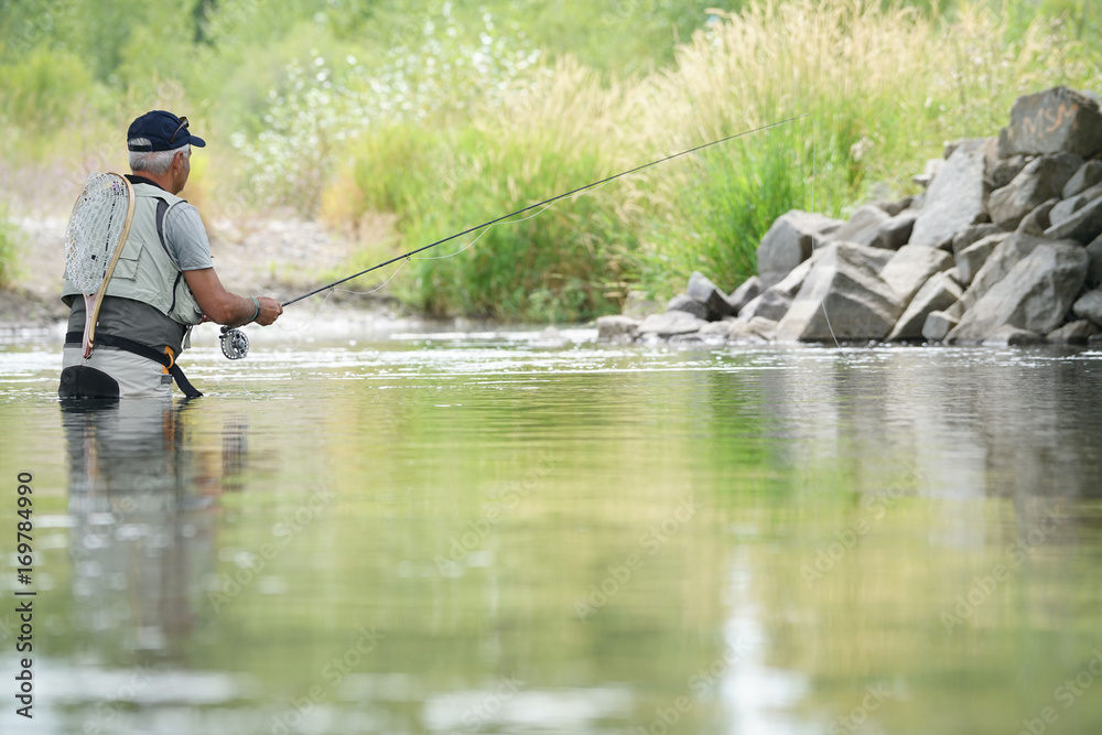Fly-fisherman fishing in the Gallatin River, Montana Fly-fisherman fishing in the Gallatin River, Montana