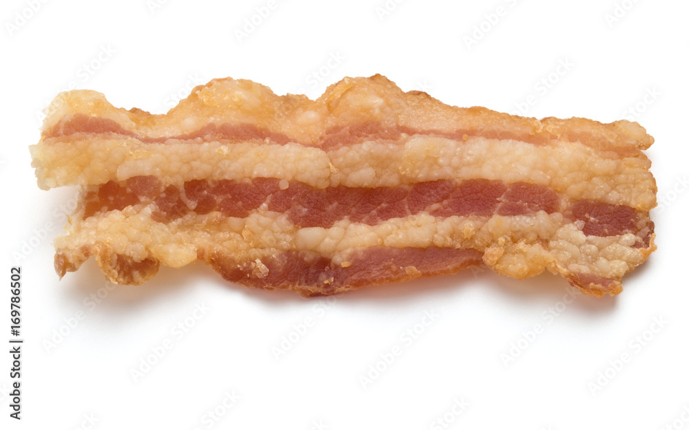 cooked crispy slice of bacon isolated on white background cooked crispy slice of bacon isolated on white background