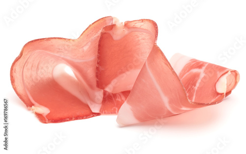 Italian prosciutto crudo or jamon. Raw ham. Isolated on white background photo