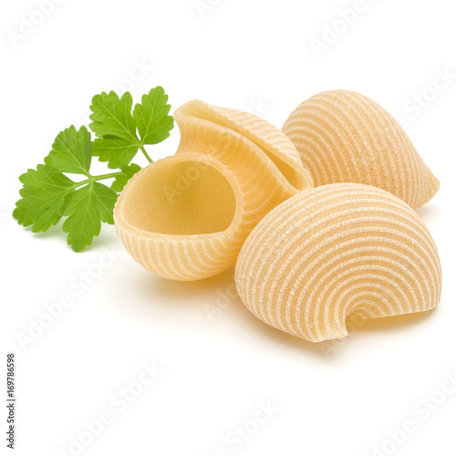 Italian lumaconi isolated on white background. Lumache, snailshell shaped pasta. photo