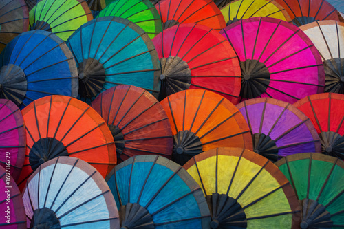 Laos  Luang Prabang. Parasols made of natural materials of different colors