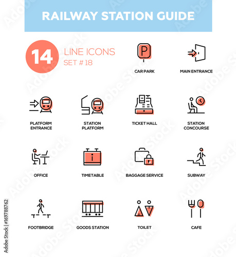 Railway station guide - modern simple icons, pictograms set