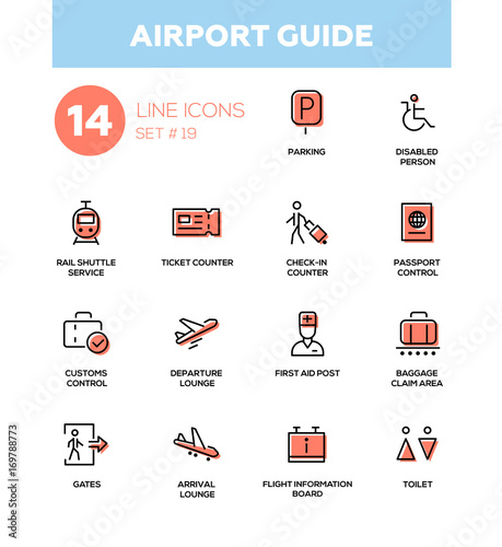 Airport guide - modern simple icons, pictograms set