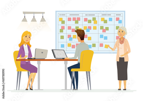 Office Kanban planning system - modern vector business cartoon characters illustration
