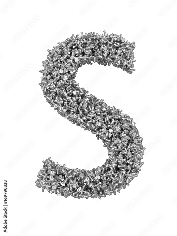 3D render of silver or grey alphabet make from bolts. Big letter S with clipping path. Isolated on white background 3D render of silver or grey alphabet make from bolts. Big letter S with clipping path. Isolated on white background