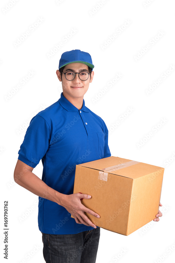 Cheerful delivery man. Happy young courier holding a cardboard box and smiling while standing isolated with clipping path. Cheerful delivery man. Happy young courier holding a cardboard box and smiling while standing isolated with clipping path.