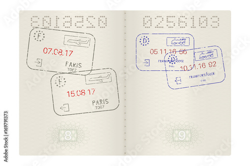 Passport pages with international stamps