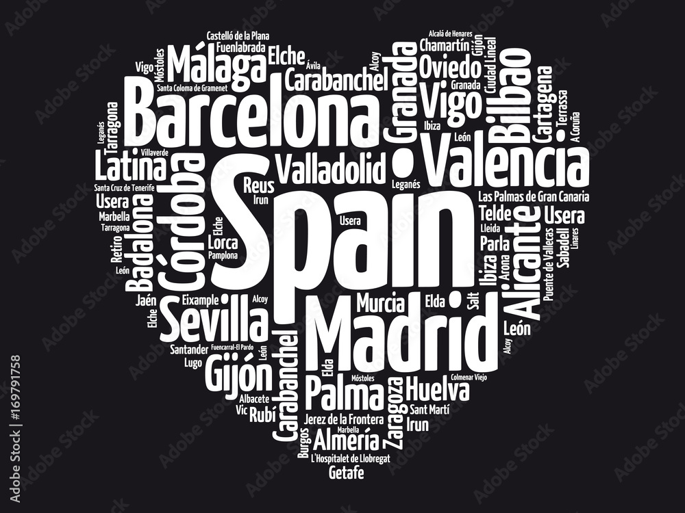 List of cities and towns in Spain composed in love sign heart shape, word  cloud collage, business and travel concept background Stock Vector | Adobe  Stock