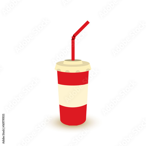 Plastic cup of soda with straw. Soft drink cola take away color icon in retro style. Vintage cinema sign for poster, card, coupon, web.