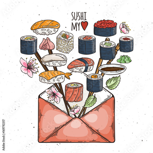 Heart background with sushi and rolls. Japanese traditional cuisine illustration.