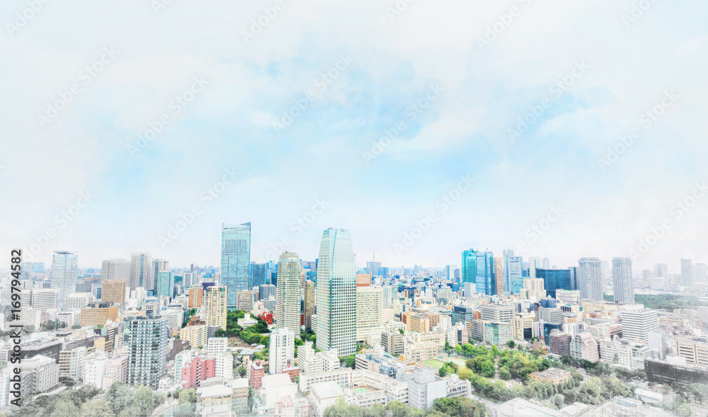 Asia businessand culture concept - panoramic modern cityscape building bird eye aerial view under dramatic sunny and morning blue cloudy sky in Tokyo, Japan. Mix hand drawn sketch illustration